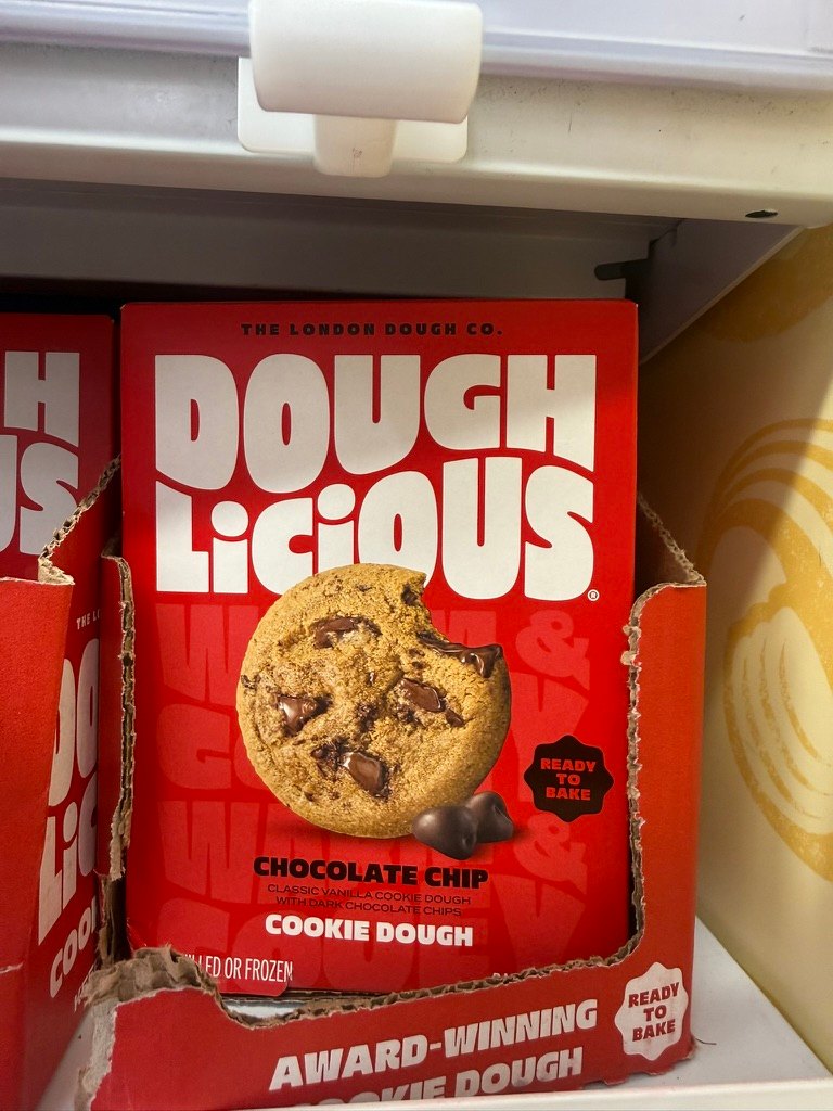 Doughlicious bouncy wordmark on cookie dough red