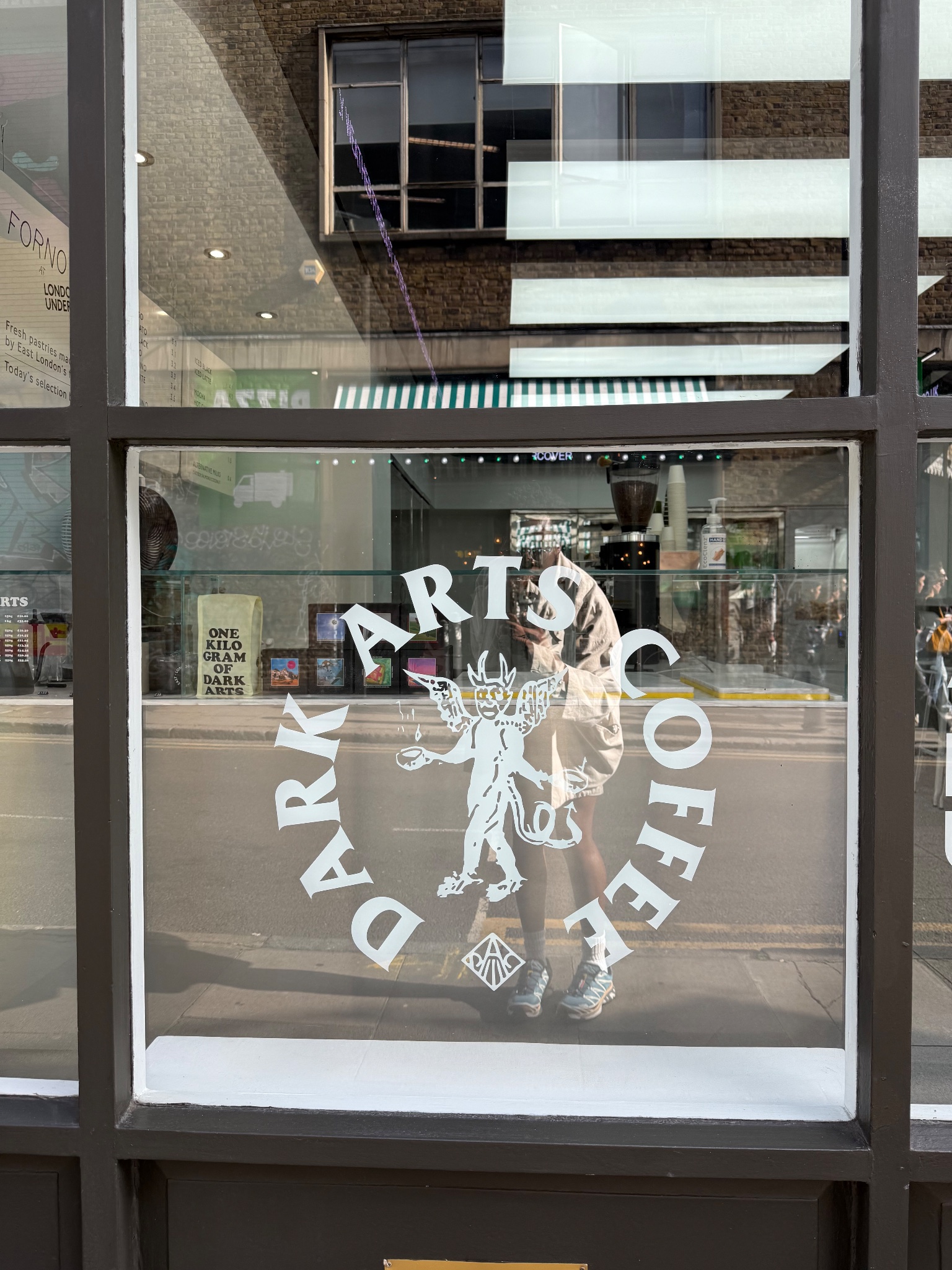 Dark Arts Coffee devil window lettering, Spitalfields