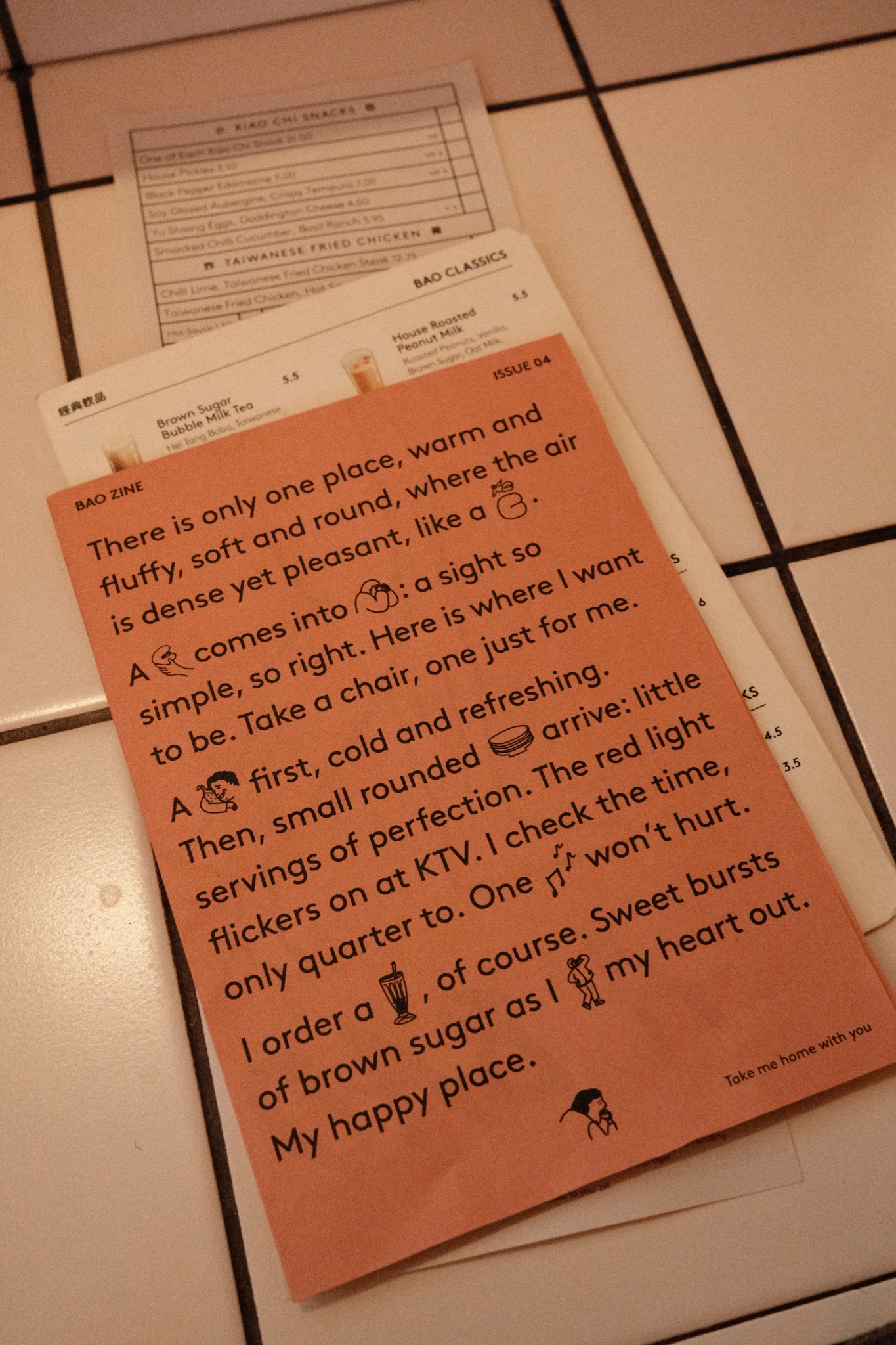 Bao zine with pictogram rebus on salmon paper